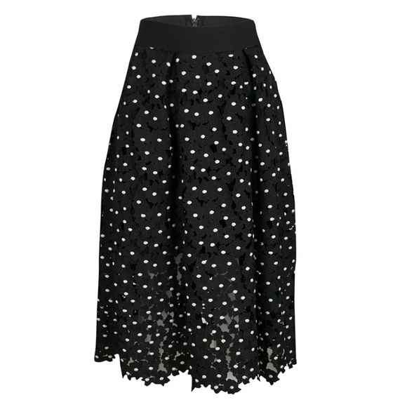 Self-Portrait Monochrome Polka Daisy Guipure Lace Midi Skirt - Picture 1 of 5